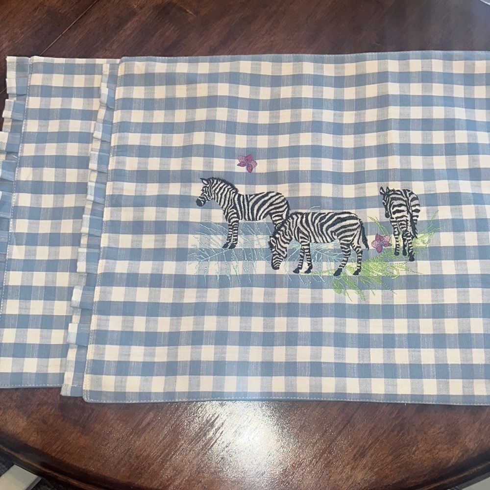Set of two Blue Checkered Gingham Placement with Ruffles & Embroidery- 19”/14.5”